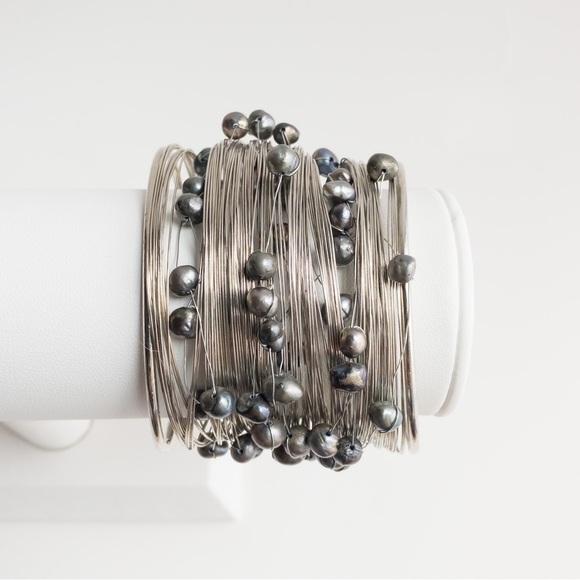 Wide Wire Wrapped Bangle Cuff Bracelet With Black Peacock Freshwater Pearls NWT - Picture 5 of 14